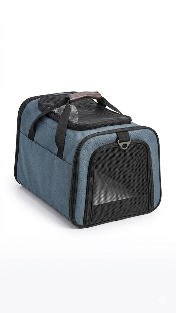 Portable navy blue pet carrier