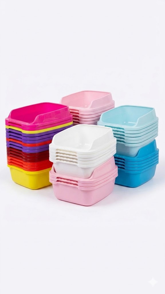 Open plastic cat litter box