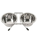Double stainless steel bowls on a wire stand