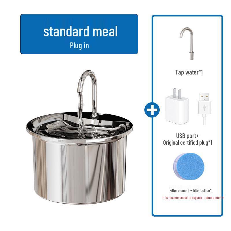 Stainless steel pet water fountain featuring