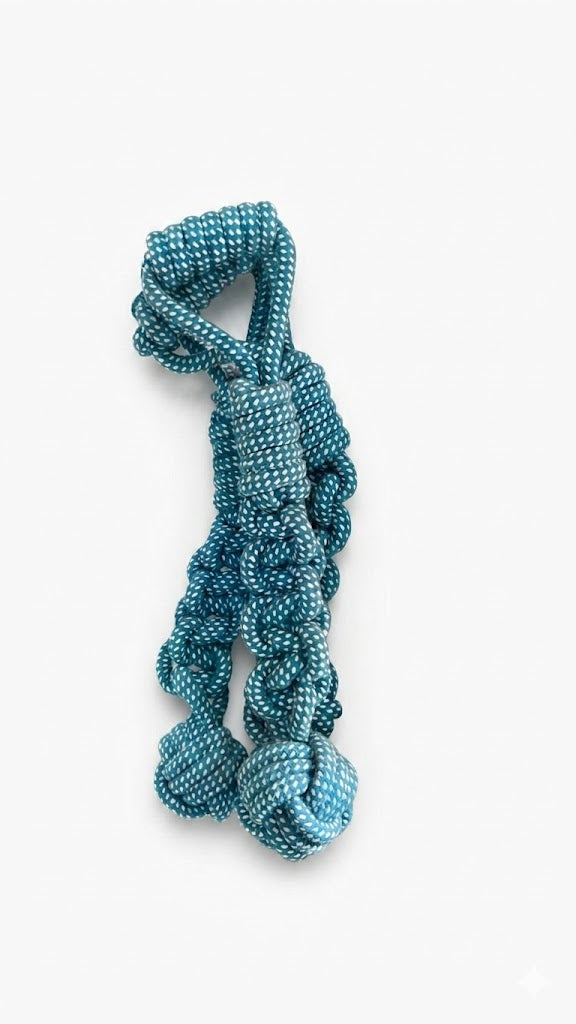 Blue and white knotted rope toy designed for dogs.